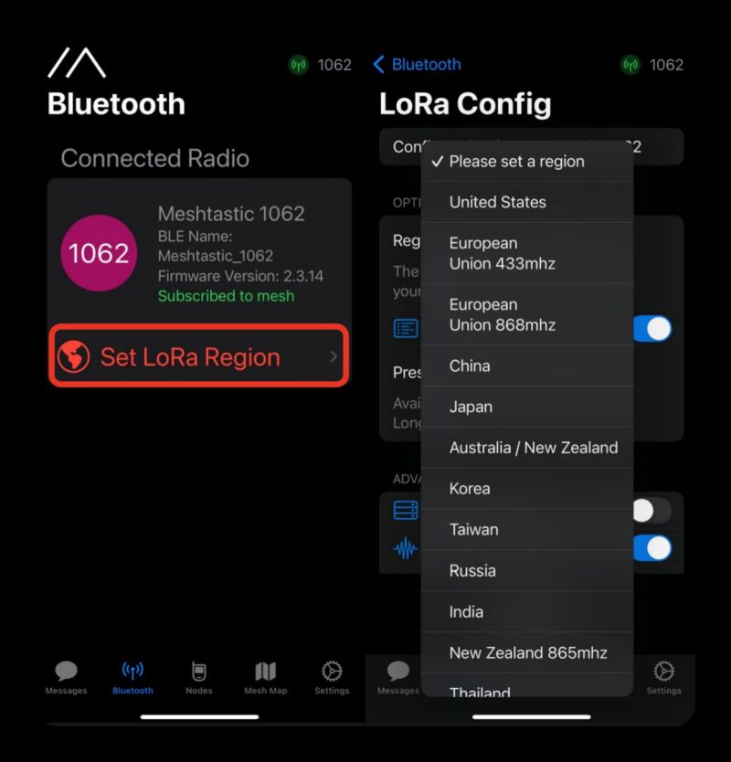 Meshtastic app showing region settings